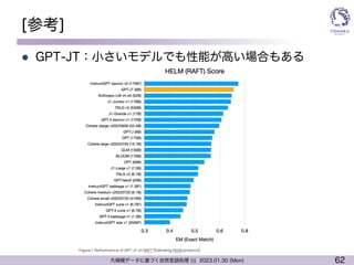 62
大規模データに基づく自然言語処理 ||| 2023.01.30 (Mon)
[参考]
l GPT-JT：小さいモデルでも性能が高い場合もある
 