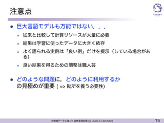 75
大規模データに基づく自然言語処理 ||| 2023.01.30 (Mon)
注意点
l 巨大言語モデルも万能ではない．．．
l 従来と比較して計算リソースが大量に必要
l 結果は学習に使ったデータに大きく依存
l よく語られる実例は「良い例」だけを提示（している場合があ
る）
l 良い結果を得るための調整は職人芸
l どのような問題に，どのように利用するか
の見極めが重要 ( => 勘所を養う必要性)
 