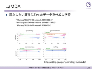 78
大規模データに基づく自然言語処理 ||| 2023.01.30 (Mon)
LaMDA
l 満たしたい要件に沿ったデータを作成し学習
https://blog.google/technology/ai/lamda/
 