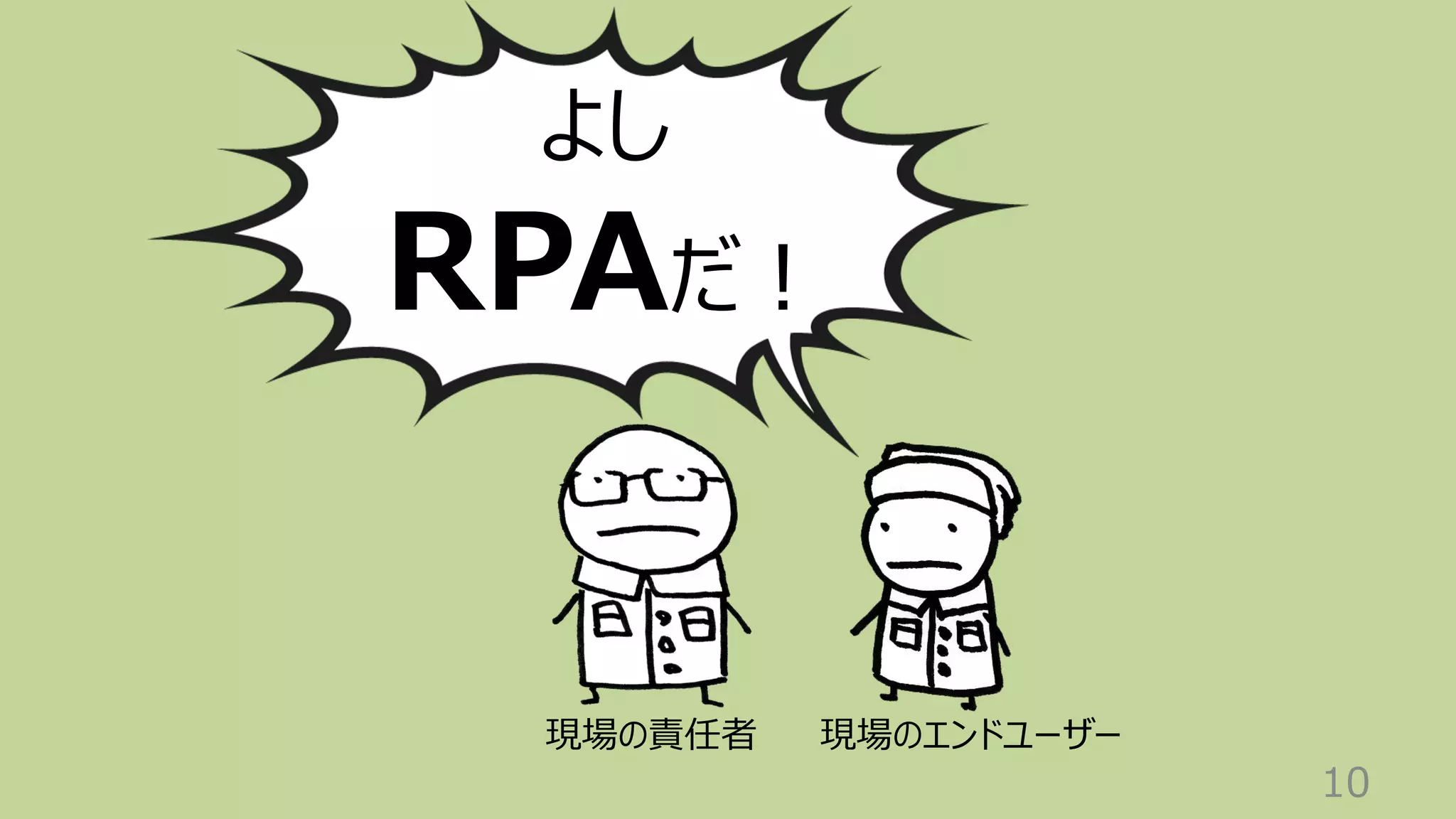 10
現場のエンドユーザー
現場の責任者
よし
RPAだ︕
 