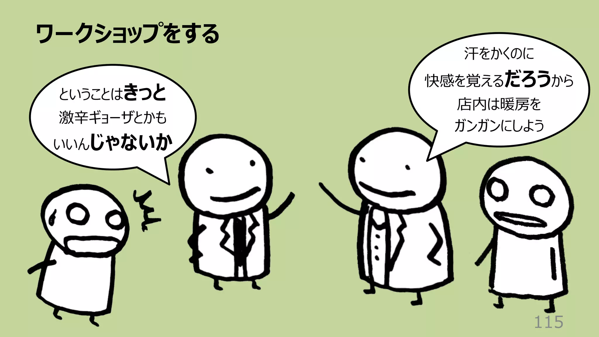 ワークショップをする
115
ということはきっと
激⾟ギョーザとかも
いいんじゃないか
汗をかくのに
快感を覚えるだろうから
店内は暖房を
ガンガンにしよう
 