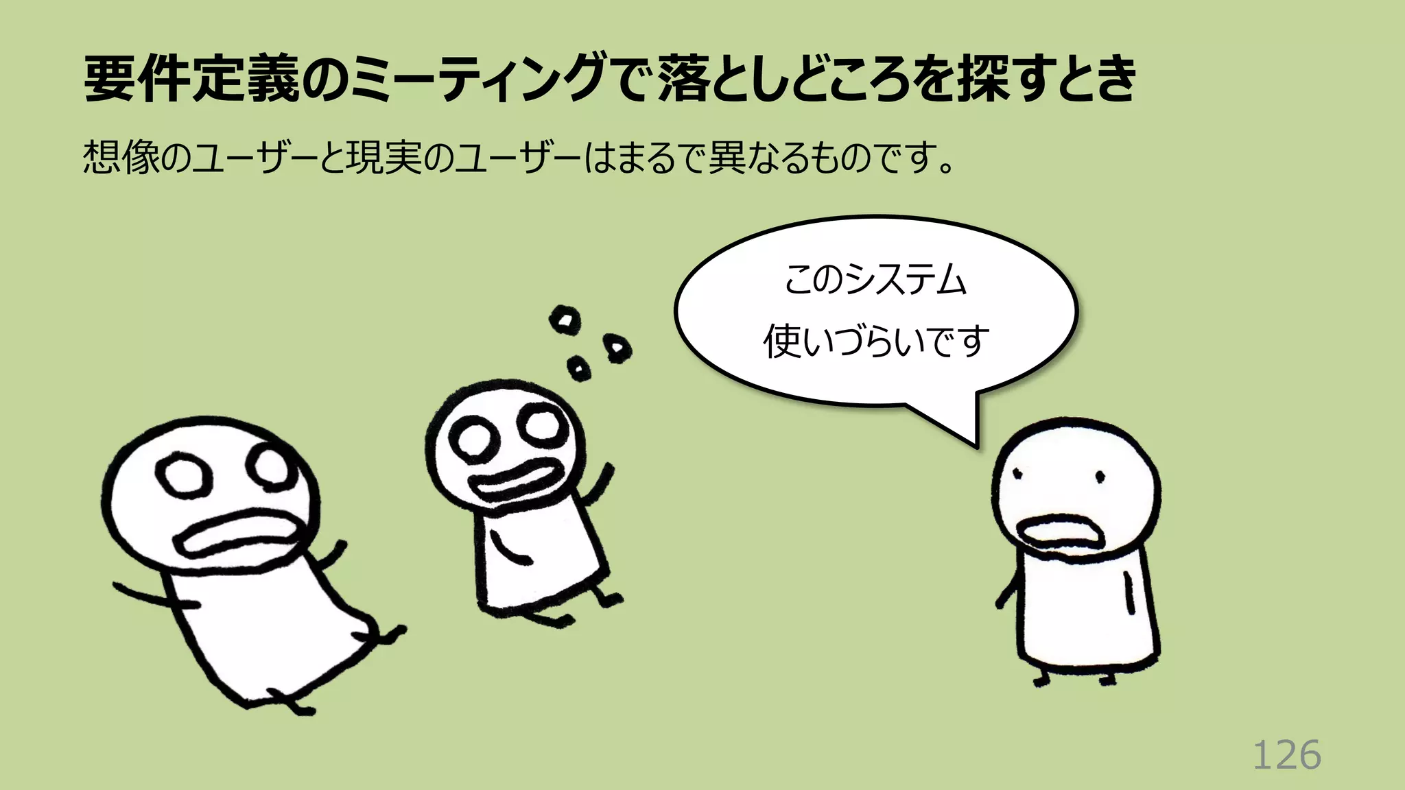 要件定義のミーティングで落としどころを探すとき
126
想像のユーザーと現実のユーザーはまるで異なるものです。
このシステム
使いづらいです
 