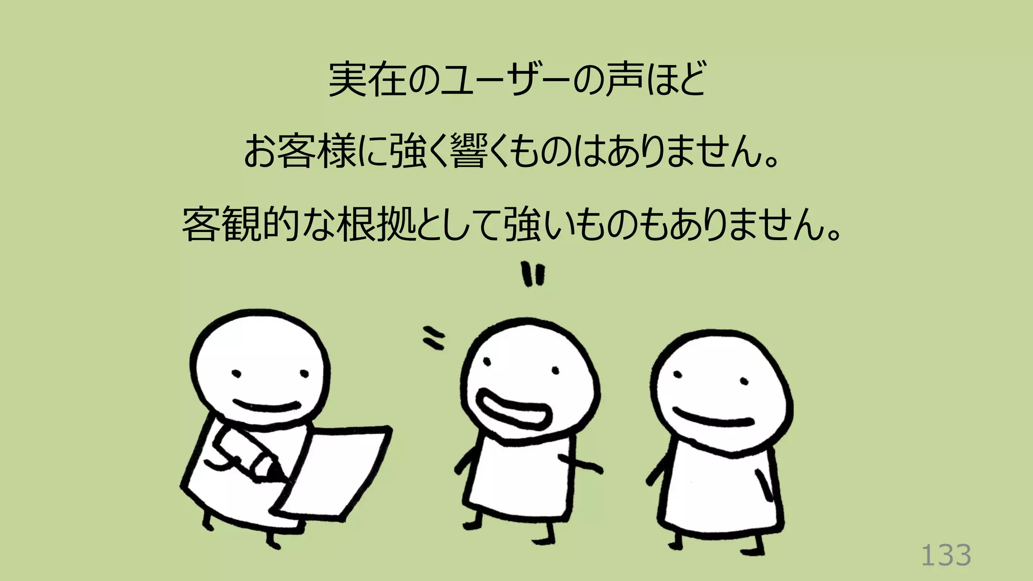 133
実在のユーザーの声ほど
お客様に強く響くものはありません。
客観的な根拠として強いものもありません。
 