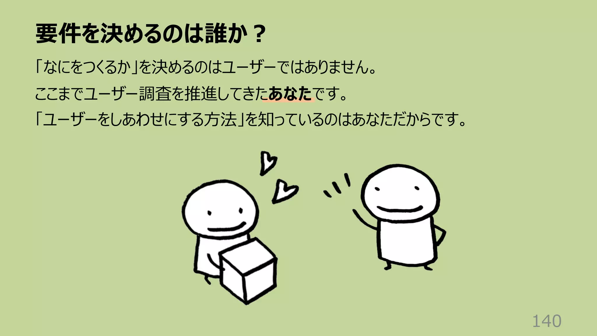 要件を決めるのは誰か︖
140
「なにをつくるか」を決めるのはユーザーではありません。
ここまでユーザー調査を推進してきたあなたです。
「ユーザーをしあわせにする⽅法」を知っているのはあなただからです。
 