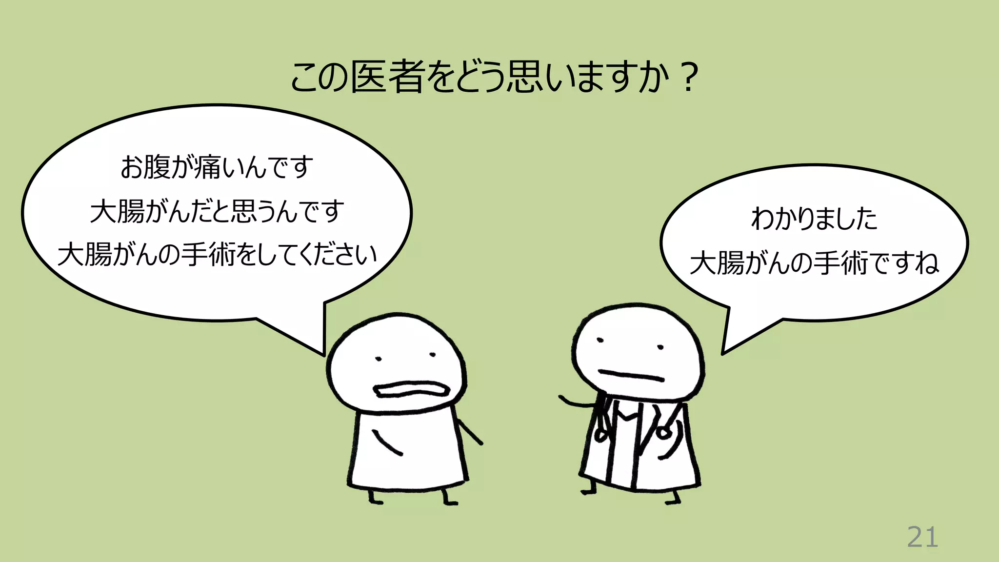21
お腹が痛いんです
⼤腸がんだと思うんです
⼤腸がんの⼿術をしてください
わかりました
⼤腸がんの⼿術ですね
この医者をどう思いますか︖
 