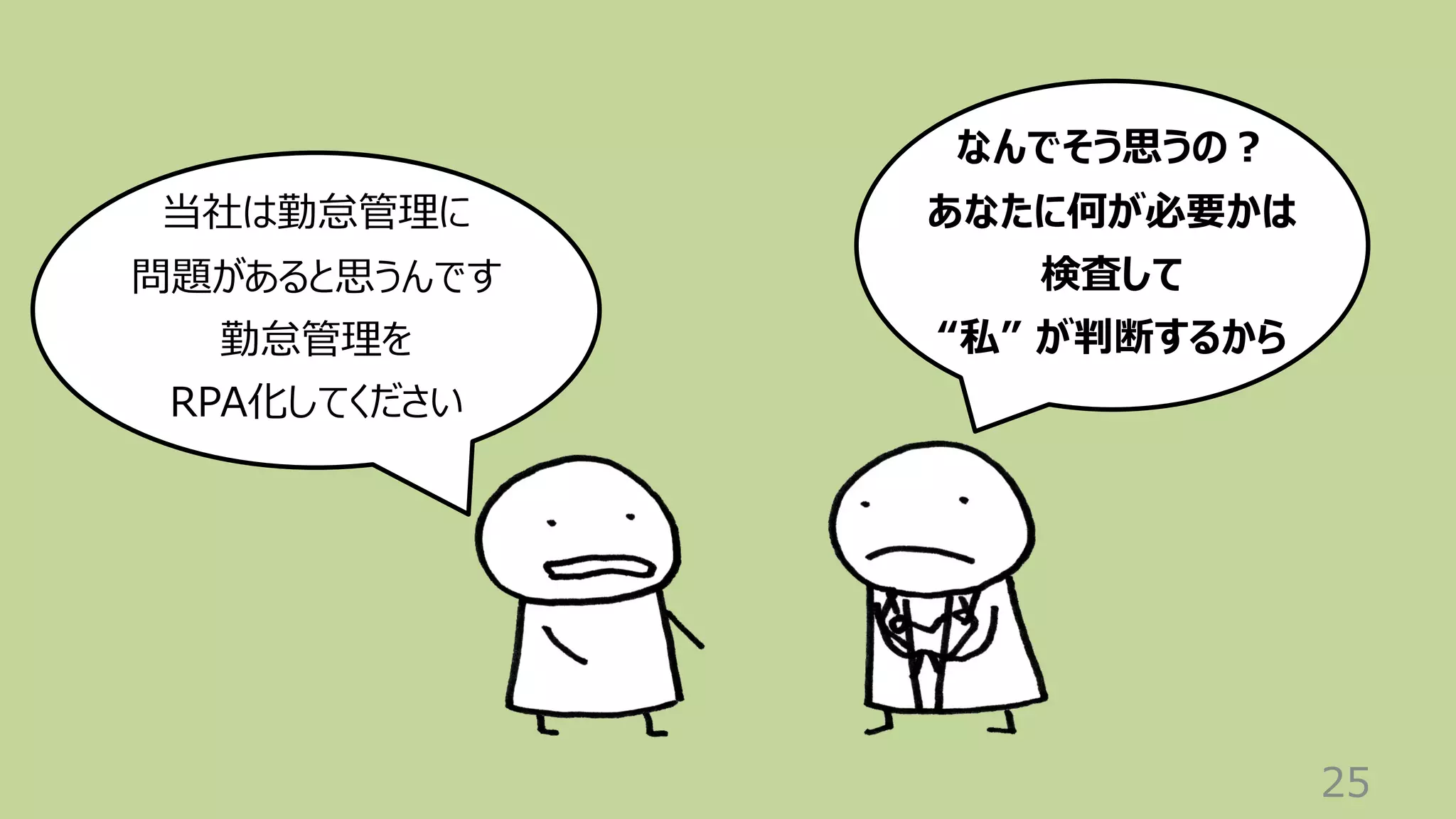 25
なんでそう思うの︖
あなたに何が必要かは
検査して
“私” が判断するから
当社は勤怠管理に
問題があると思うんです
勤怠管理を
RPA化してください
 