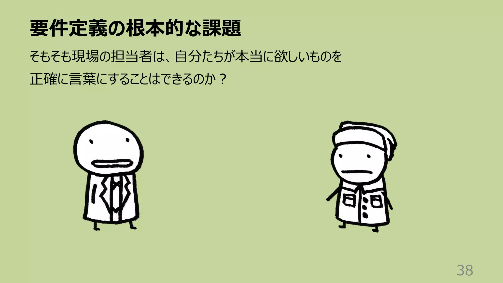 要件定義の根本的な課題
38
そもそも現場の担当者は、⾃分たちが本当に欲しいものを
正確に⾔葉にすることはできるのか︖
 