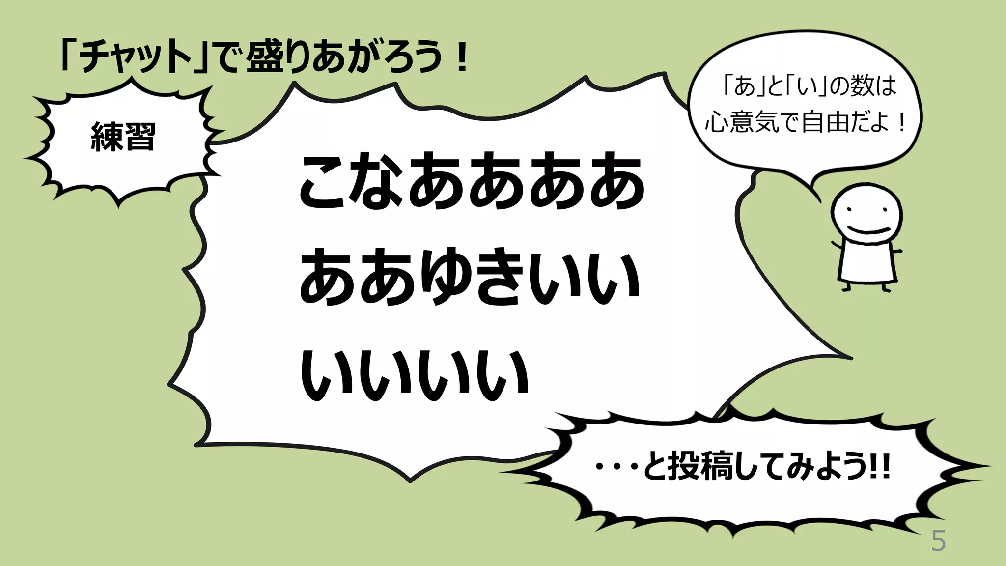 「チャット」で盛りあがろう︕
5
こなああああ
ああゆきいい
いいいい
練習
・・・と投稿してみよう!!
「あ」と「い」の数は
⼼意気で⾃由だよ︕
 
