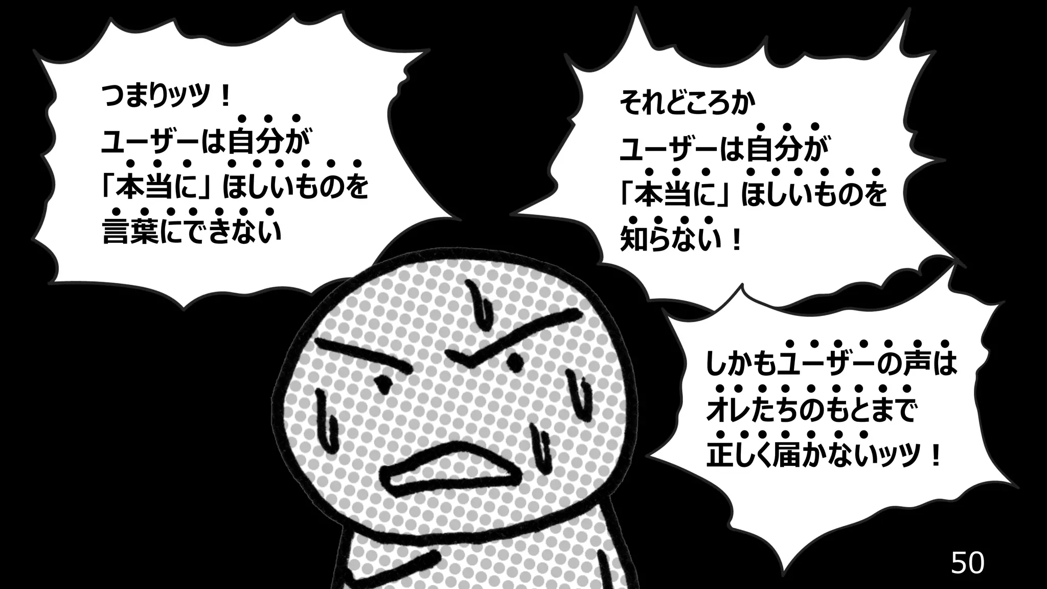50
つまりッツ︕
ユーザーは⾃分が
「本当に」 ほしいものを
⾔葉にできない
しかもユーザーの声は
オレたちのもとまで
正しく届かないッツ︕
それどころか
ユーザーは⾃分が
「本当に」 ほしいものを
知らない︕
 