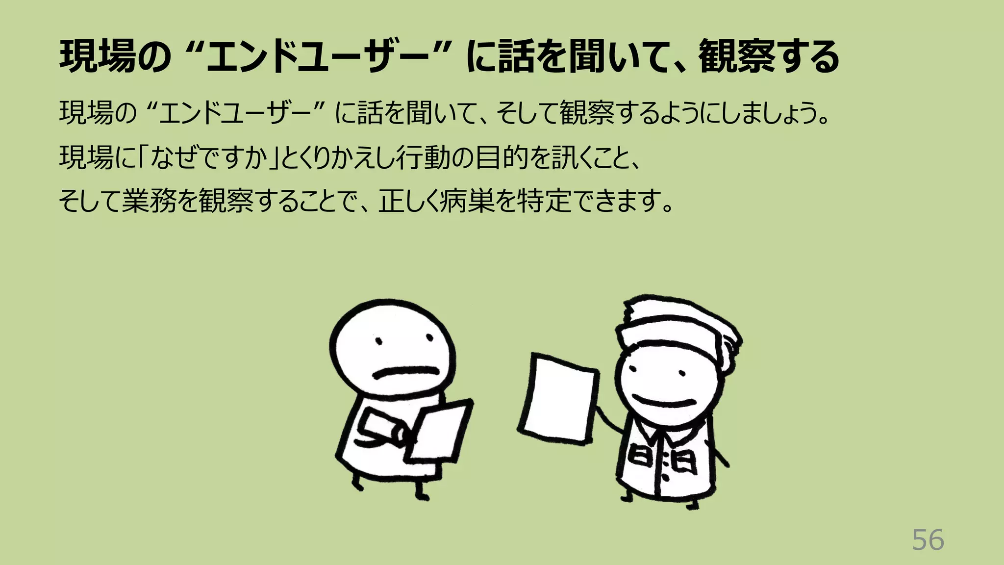 現場の “エンドユーザー” に話を聞いて、観察する
56
現場の “エンドユーザー” に話を聞いて、そして観察するようにしましょう。
現場に「なぜですか」とくりかえし⾏動の⽬的を訊くこと、
そして業務を観察することで、正しく病巣を特定できます。
 