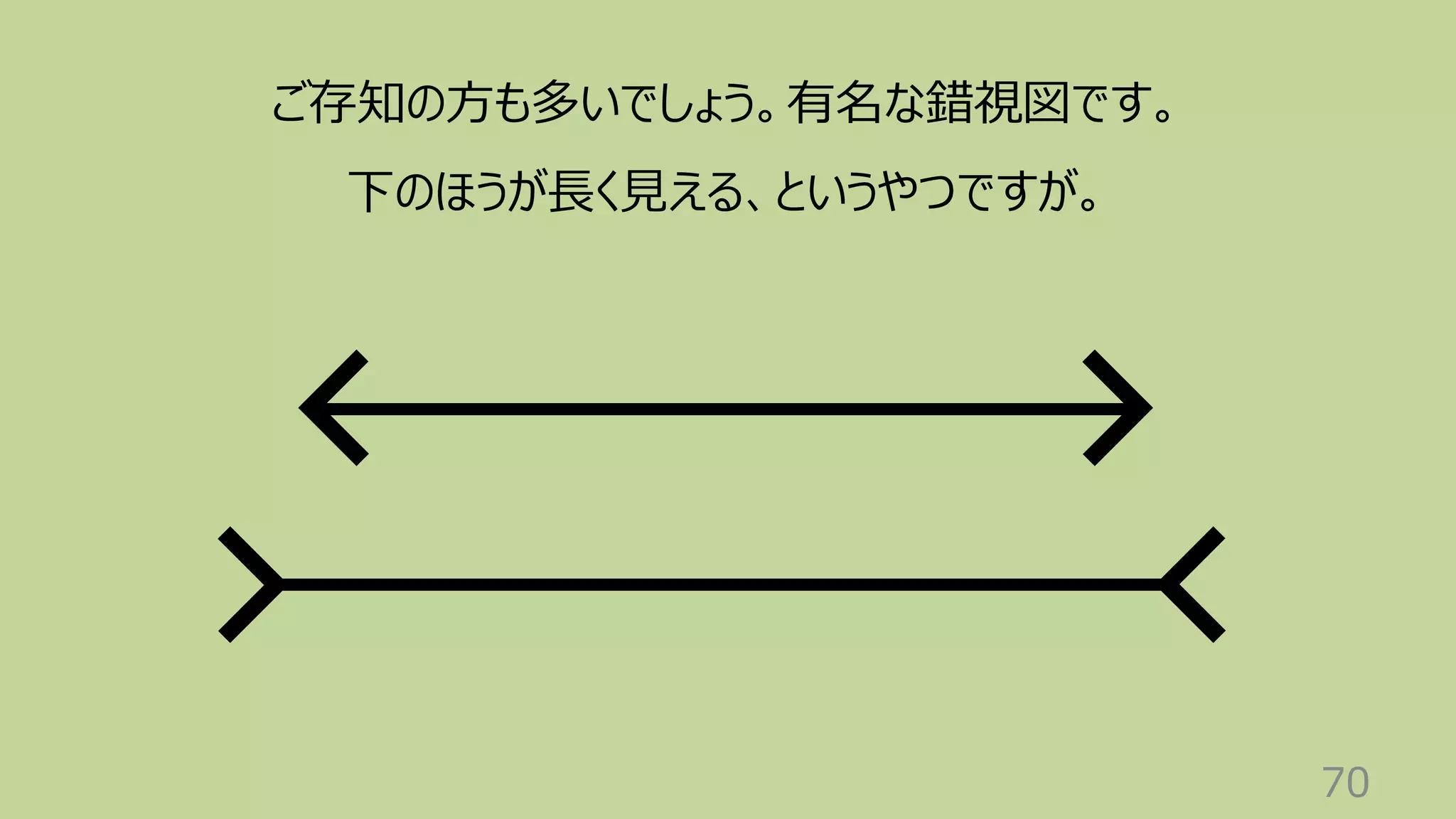 70
ご存知の⽅も多いでしょう。有名な錯視図です。
下のほうが⻑く⾒える、というやつですが。
 