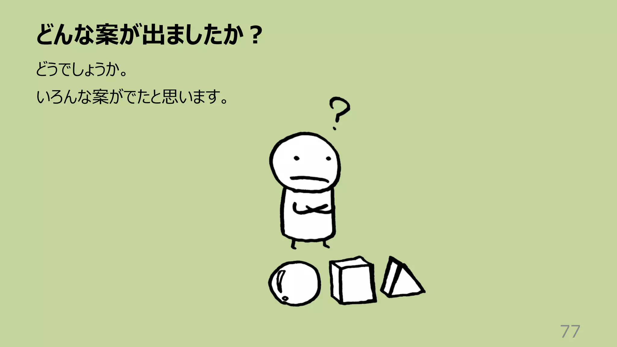 どんな案が出ましたか︖
77
どうでしょうか。
いろんな案がでたと思います。
 