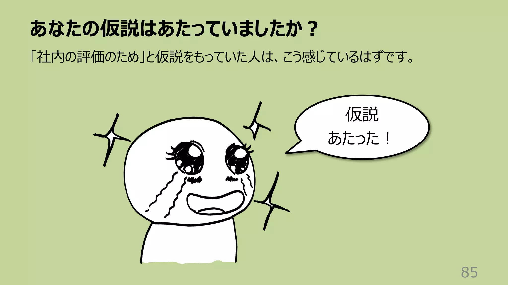 あなたの仮説はあたっていましたか︖
85
「社内の評価のため」と仮説をもっていた⼈は、こう感じているはずです。
仮説
あたった︕
 