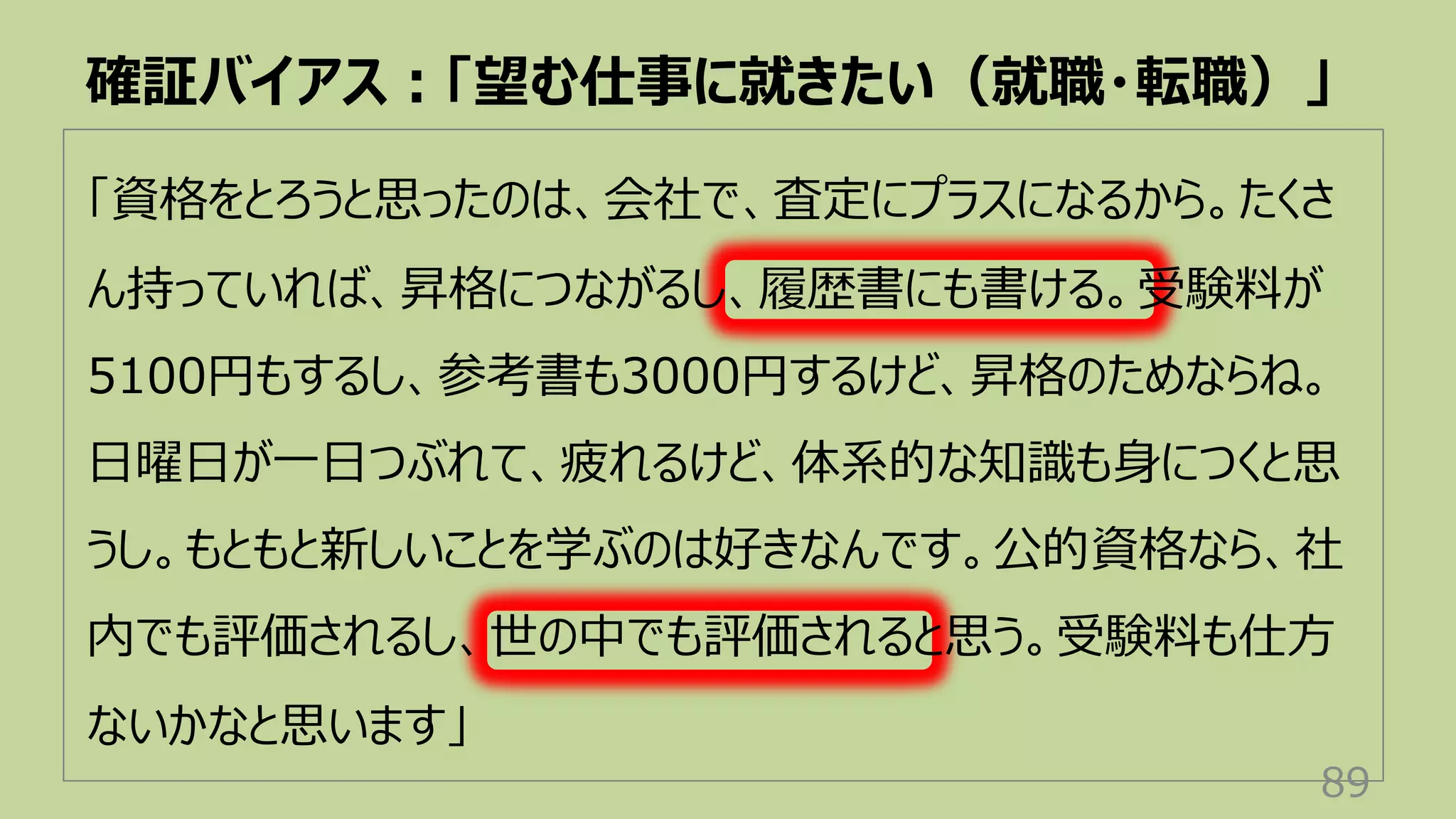 「資格をとろうと思ったのは、会社で、査定にプラスになるから。たくさ
ん持っていれば、昇格につながるし、履歴書にも書ける。受験料が
5100円もするし、参考書も3000円するけど、昇格のためならね。
⽇曜⽇が⼀⽇つぶれて、疲れるけど、体系的な知識も⾝につくと思
うし。もともと新しいことを学ぶのは好きなんです。公的資格なら、社
内でも評価されるし、世の中でも評価されると思う。受験料も仕⽅
ないかなと思います」
確証バイアス︓「望む仕事に就きたい（就職・転職）」
89
 