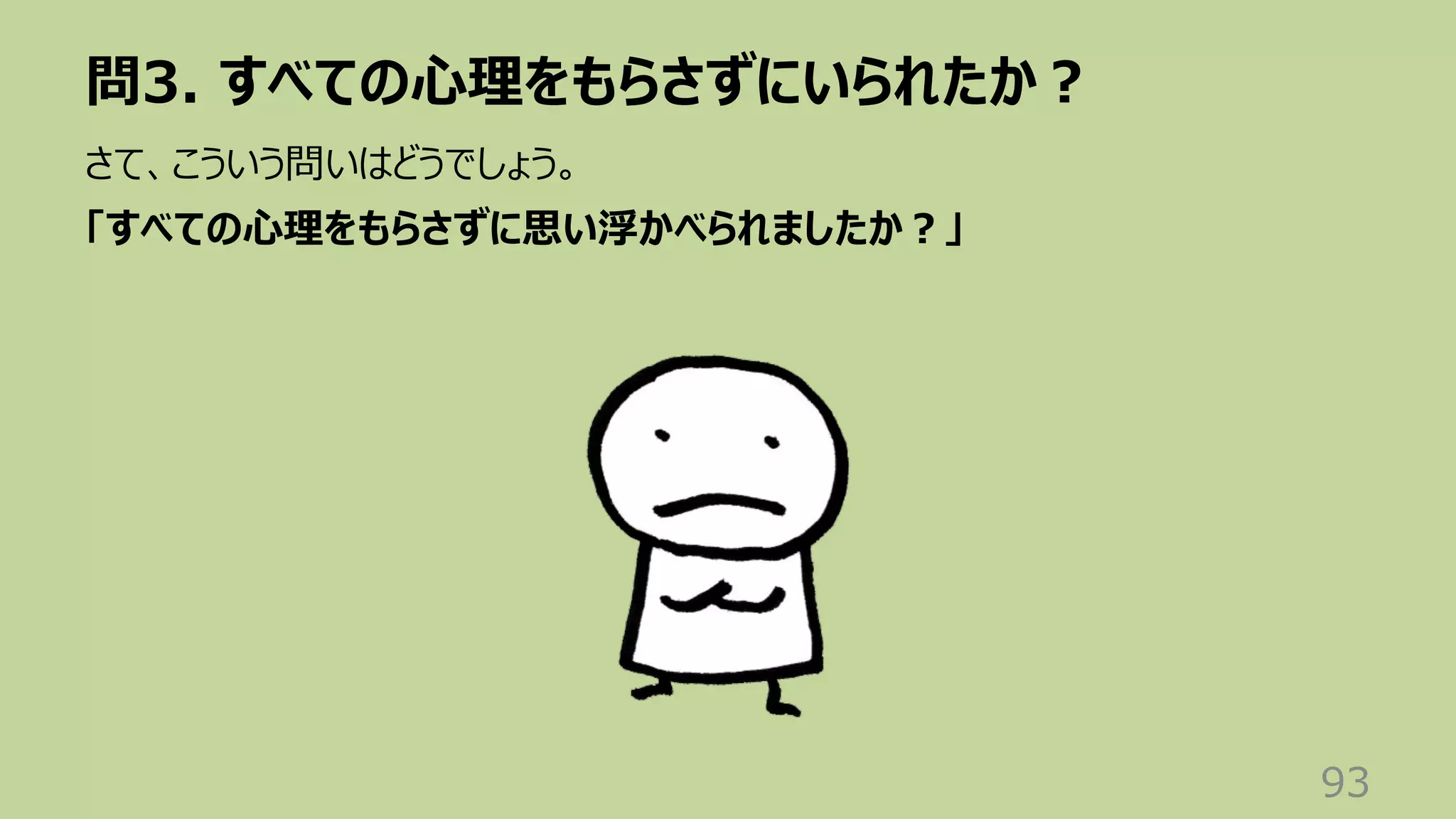 問3. すべての⼼理をもらさずにいられたか︖
93
さて、こういう問いはどうでしょう。
「すべての⼼理をもらさずに思い浮かべられましたか︖」
 