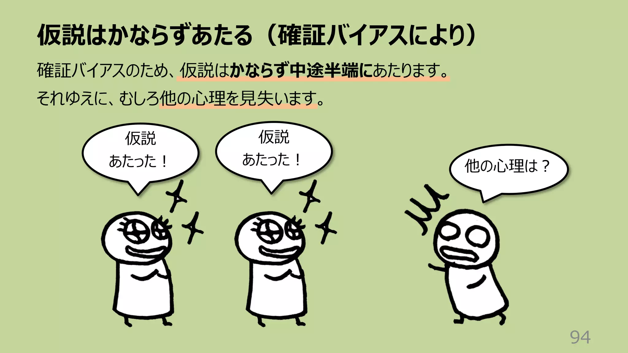 仮説はかならずあたる（確証バイアスにより）
94
確証バイアスのため、仮説はかならず中途半端にあたります。
それゆえに、むしろ他の⼼理を⾒失います。
仮説
あたった︕ 他の⼼理は︖
仮説
あたった︕
 