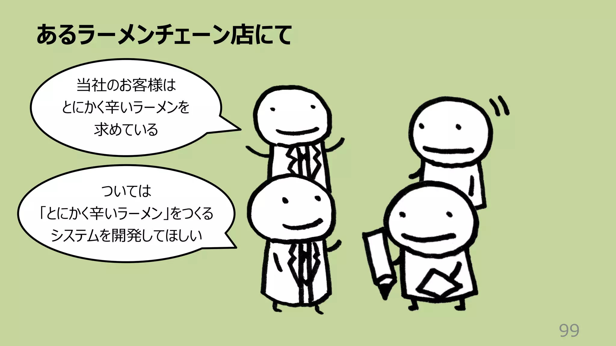 あるラーメンチェーン店にて
99
当社のお客様は
とにかく⾟いラーメンを
求めている
ついては
「とにかく⾟いラーメン」をつくる
システムを開発してほしい
 