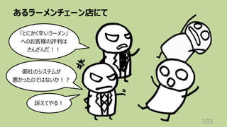 あるラーメンチェーン店にて
101
「とにかく⾟いラーメン」
へのお客様の評判は
さんざんだ︕︕
御社のシステムが
悪かったのではないか︕︖
訴えてやる︕
 