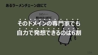 あるラーメンチェーン店にて
104
ひどい・・・
⾔われたとおりに
つくったのに
そのドメインの専⾨家でも
⾃⼒で発想できるのは6割
 