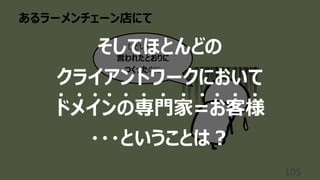 あるラーメンチェーン店にて
105
ひどい・・・
⾔われたとおりに
つくったのに
そしてほとんどの
クライアントワークにおいて
ドメインの専⾨家=お客様
・・・ということは︖
 