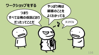 ワークショップをする
116
つまり
すべては俺の仮説どおり
だったってことだ
やっぱり俺は
顧客のことを
よくわかってる
天才だな
 