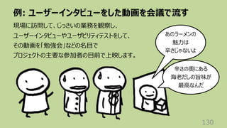 例: ユーザーインタビューをした動画を会議で流す
130
現場に訪問して、じっさいの業務を観察し、
ユーザーインタビューやユーザビリティテストをして、
その動画を「勉強会」などの名⽬で
プロジェクトの主要な参加者の⽬前で上映します。
あのラーメンの
魅⼒は
⾟さじゃないよ
⾟さの奥にある
海⽼だしの旨味が
最⾼なんだ
 
