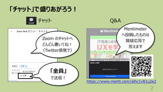 「チャット」で盛りあがろう︕
2
チャット
Zoom のチャットへ
どんどん書いてね︕
（Twitter感覚で）
「全員」
で送信︕
Q&A
Mentimeter
へ投稿したものは
質疑応答で
答えます
https://www.menti.com/alhc1v81u2e2
 
