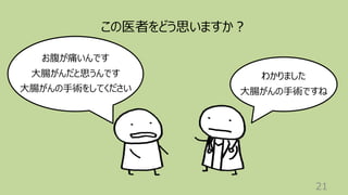 21
お腹が痛いんです
⼤腸がんだと思うんです
⼤腸がんの⼿術をしてください
わかりました
⼤腸がんの⼿術ですね
この医者をどう思いますか︖
 