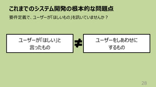 これまでのシステム開発の根本的な問題点
28
要件定義で、ユーザーが「ほしいもの」を訊いていませんか︖
ユーザーが「ほしい」と
⾔ったもの
ユーザーをしあわせに
するもの
 