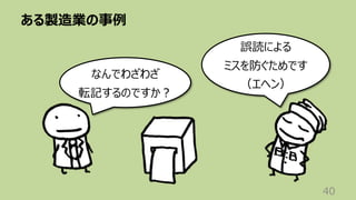 ある製造業の事例
40
なんでわざわざ
転記するのですか︖
誤読による
ミスを防ぐためです
（エヘン）
 