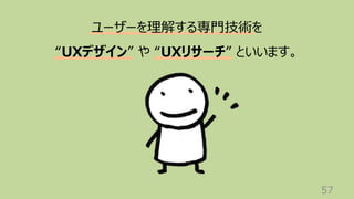 57
ユーザーを理解する専⾨技術を
“UXデザイン” や “UXリサーチ” といいます。
 