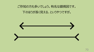 70
ご存知の⽅も多いでしょう。有名な錯視図です。
下のほうが⻑く⾒える、というやつですが。
 
