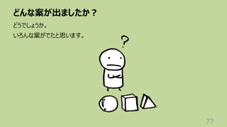 どんな案が出ましたか︖
77
どうでしょうか。
いろんな案がでたと思います。
 