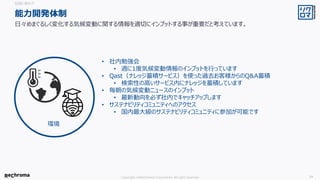 Copyright ©ReChroma Corporation All right reserved 34
能力開発体制
日々めまぐるしく変化する気候変動に関する情報を適切にインプットする事が重要だと考えています。
組織と働き方
• 社内勉強会
• 週に1度気候変動情報のインプットを行っています
• Qast（ナレッジ蓄積サービス）を使った過去お客様からのQ&A蓄積
• 検索性の高いサービス内にナレッジを蓄積しています
• 毎朝の気候変動ニュースのインプット
• 最新動向を必ず社内でキャッチアップします
• サステナビリティコミュニティへのアクセス
• 国内最大級のサステナビリティコミュニティに参加が可能です
環境
 