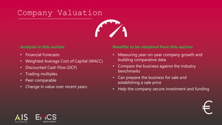 Company Valuation
Analysis in this section
• Financial Forecasts
• Weighted Average Cost of Capital (WACC)
• Discounted Cash Flow (DCF)
• Trading multiples
• Peer comparable
• Change in value over recent years
Benefits to be obtained from this section
• Measuring year-on-year company growth and
building comparative data
• Compare the business against the industry
benchmarks
• Can prepare the business for sale and
establishing a sale price
• Help the company secure investment and funding
 
