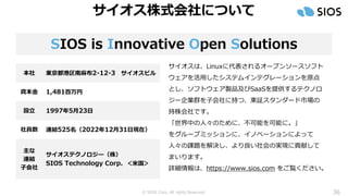 © SIOS Corp. All rights Reserved.
SIOS is Innovative Open Solutions
36
サイオス株式会社について
本社 東京都港区南麻布2-12-3 サイオスビル
資本金 1,481百万円
...