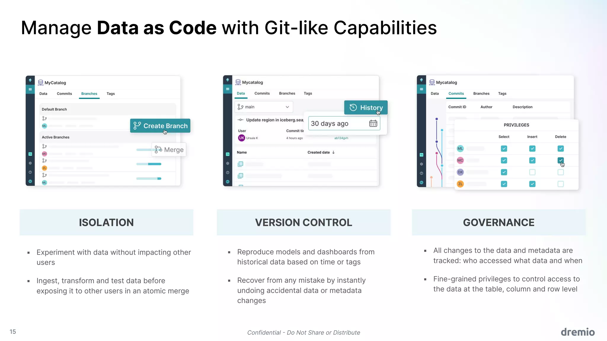 15 Confidential - Do Not Share or Distribute
ISOLATION VERSION CONTROL GOVERNANCE
Manage Data as Code with Git-like Capabilities
▪ Experiment with data without impacting other
users
▪ Ingest, transform and test data before
exposing it to other users in an atomic merge
▪ Reproduce models and dashboards from
historical data based on time or tags
▪ Recover from any mistake by instantly
undoing accidental data or metadata
changes
▪ All changes to the data and metadata are
tracked: who accessed what data and when
▪ Fine-grained privileges to control access to
the data at the table, column and row level
 