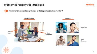 Comment mesurer l’adoption de la Data par les équipes métier ?
Expectations
Data
Team
Reality
Data
Consumers
Data
Consumers
Data Team
4
Problèmes rencontrés : Use case
 