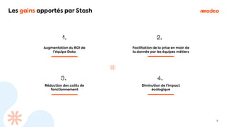 Les gains apportés par Stash
Augmentation du ROI de
l’équipe Data
Réduction des coûts de
fonctionnement
Diminution de l’impact
écologique
Facilitation de la prise en main de
la donnée par les équipes métiers
7
1. 2.
4.
3.
 