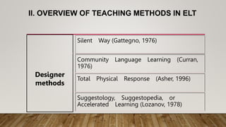 II. OVERVIEW OF TEACHING METHODS IN ELT
Designer
methods
Silent Way (Gattegno, 1976)
Community Language Learning (Curran,
1976)
Total Physical Response (Asher, 1996)
Suggestology, Suggestopedia, or
Accelerated Learning (Lozanov, 1978)
 