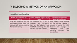 IV. SELECTING A METHOD OR AN APPROACH
Match your teaching to a
method
Adapt methods to your local
needs
Develop your personal
approach or method
Study the methods and its
principles and then apply the
procedures it recommends to
their own teaching.
See methods as a set of
principles and procedures
that can be adapted and
modified according to the
teachers’ teaching contexts.
Shift the focus from methods
to the teacher creating a
change in agency in which
teachers are engaged in
developing their own
teaching methods and
approaches.
3 possibilities and alternatives.
 