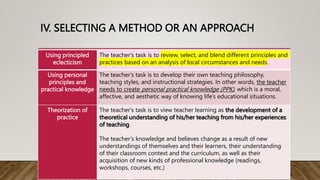 IV. SELECTING A METHOD OR AN APPROACH
Using principled
eclecticism
The teacher's task is to review, select, and blend different principles and
practices based on an analysis of local circumstances and needs.
Using personal
principles and
practical knowledge
The teacher's task is to develop their own teaching philosophy,
teaching styles, and instructional strategies. In other words, the teacher
needs to create personal practical knowledge (PPK), which is a moral,
affective, and aesthetic way of knowing life’s educational situations.
Theorization of
practice
The teacher's task is to view teacher learning as the development of a
theoretical understanding of his/her teaching from his/her experiences
of teaching.
The teacher’s knowledge and believes change as a result of new
understandings of themselves and their learners, their understanding
of their classroom context and the curriculum, as well as their
acquisition of new kinds of professional knowledge (readings,
workshops, courses, etc.)
 