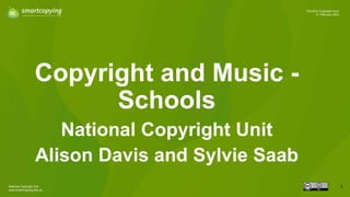 National Copyright Unit
www.smartcopying.edu.au
1
The NCU Copyright Hour
21 February 2023
Copyright and Music -
Schools
National Copyright Unit
Alison Davis and Sylvie Saab
 