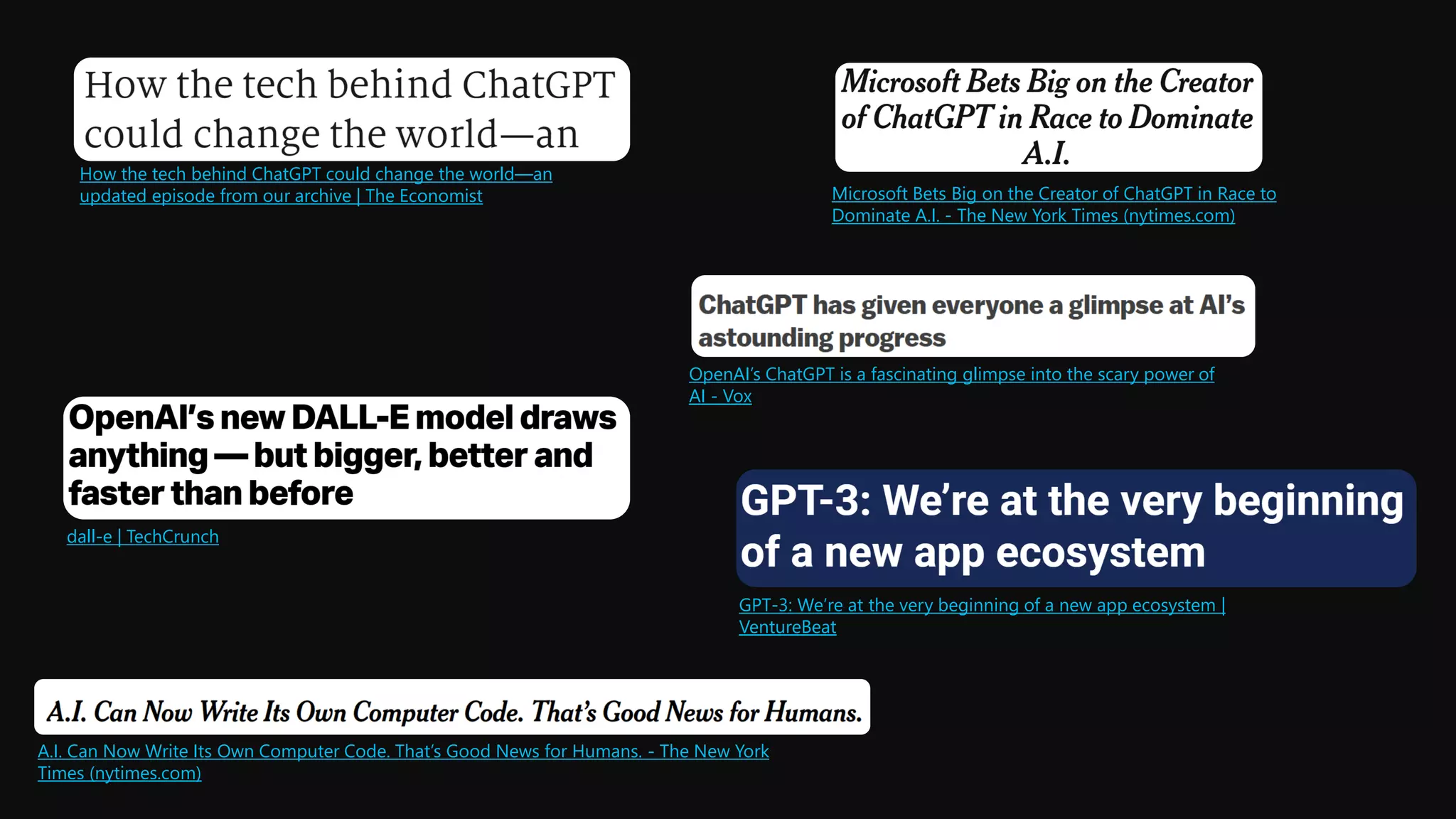 GPT-3: We’re at the very beginning of a new app ecosystem |
VentureBeat
How the tech behind ChatGPT could change the world—an
updated episode from our archive | The Economist
OpenAI’s ChatGPT is a fascinating glimpse into the scary power of
AI - Vox
dall-e | TechCrunch
A.I. Can Now Write Its Own Computer Code. That’s Good News for Humans. - The New York
Times (nytimes.com)
Microsoft Bets Big on the Creator of ChatGPT in Race to
Dominate A.I. - The New York Times (nytimes.com)
 