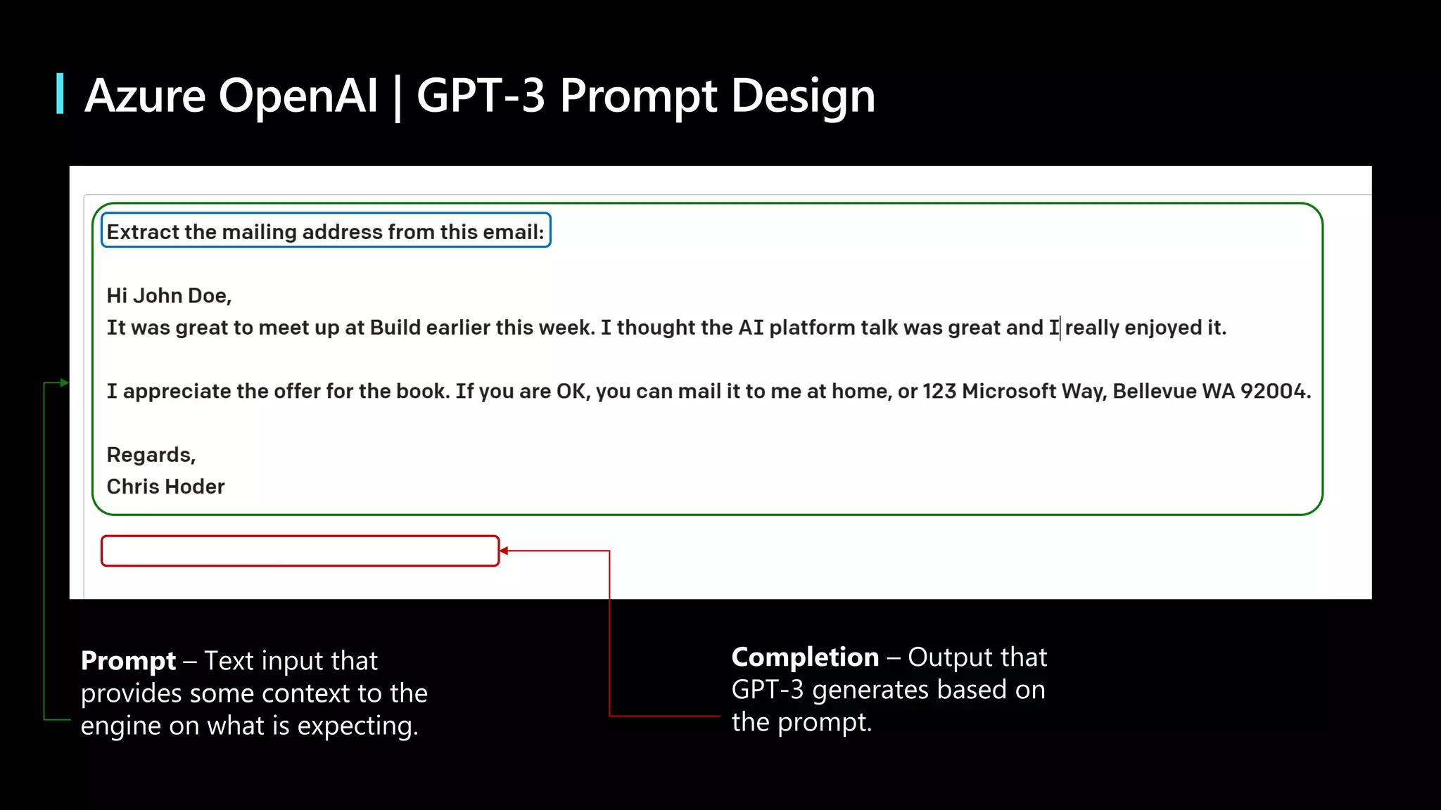 Prompt – Text input that
provides some context to the
engine on what is expecting.
Completion – Output that
GPT-3 generates based on
the prompt.
some context
Azure OpenAI | GPT-3 Prompt Design
 