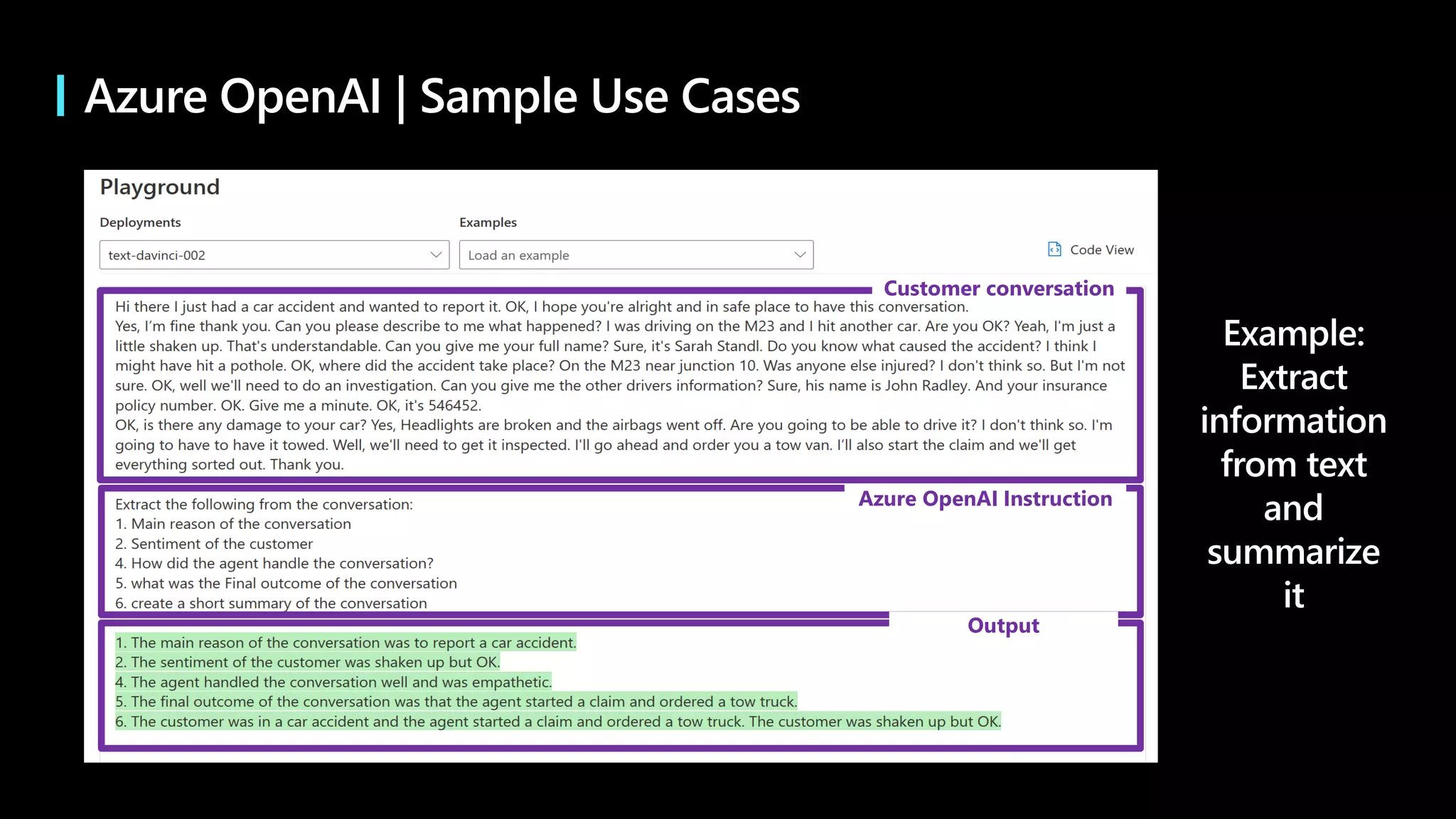 Azure OpenAI Instruction
Output
Customer conversation
Azure OpenAI | Sample Use Cases
 