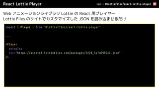 React Lottie Player
Web アニメーションライブラリ Lottie の React 用プレイヤー
Lottie Files のサイトでカスタマイズした JSON を読み込ませるだけ
npm i @lottieﬁles/react-lottie-player
import { Player } from '@lottieﬁles/react-lottie-player'
...
<Player
autoplay
src="https://assets8.lottieﬁles.com/packages/lf20_lp7qD9RDx1.json"
/>
 