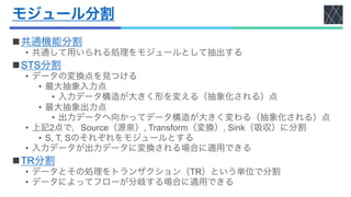 モジュール分割
n共通機能分割
• 共通して用いられる処理をモジュールとして抽出する
nSTS分割
• データの変換点を見つける
• 最大抽象入力点
• 入力データ構造が大きく形を変える（抽象化される）点
• 最大抽象出力点
• 出力データへ向かってデータ構造が大きく変わる（抽象化される）点
• 上記2点で，Source（源泉）, Transform（変換）, Sink（吸収）に分割
• S, T, Sのそれぞれをモジュールとする
• 入力データが出力データに変換される場合に適用できる
nTR分割
• データとその処理をトランザクション（TR）という単位で分割
• データによってフローが分岐する場合に適用できる
 