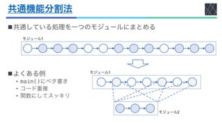 共通機能分割法
n共通している処理を一つのモジュールにまとめる
nよくある例
• main()にベタ書き
• コード重複
• 関数にしてスッキリ
モジュール1
モジュール2
モジュール1
 