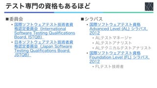 テスト専門の資格もあるほど
n委員会
• 国際ソフトウェアテスト技術者資
格認定委員会（International
Software Testing Qualifications
Board, ISTQB）
• 日本ソフトウェアテスト技術者資
格認定委員会（Japan Software
Testing Qualifications Board,
JSTQB）
nシラバス
• 国際ソフトウェアテスト資格
Advanced Level (AL) シラバス,
2012
• ALテストマネージャ
• ALテストアナリスト
• ALテクニカルテストアナリスト
• 国際ソフトウェアテスト資格
Foundation Level (FL) シラバス,
2012
• FLテスト技術者
 